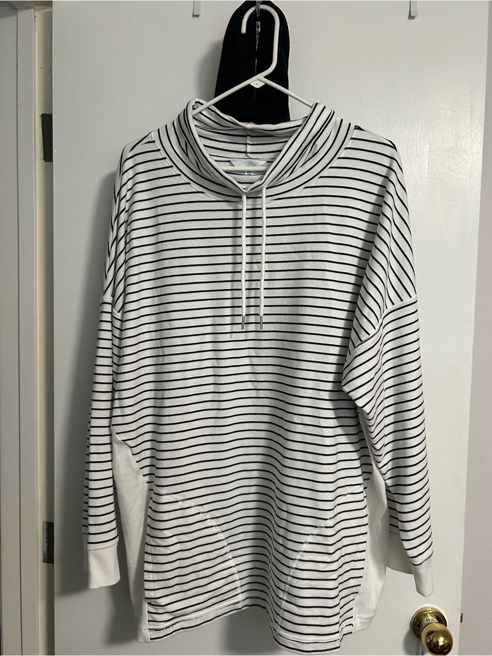 Striped White and Black Pullover Cowl Neck Sweater